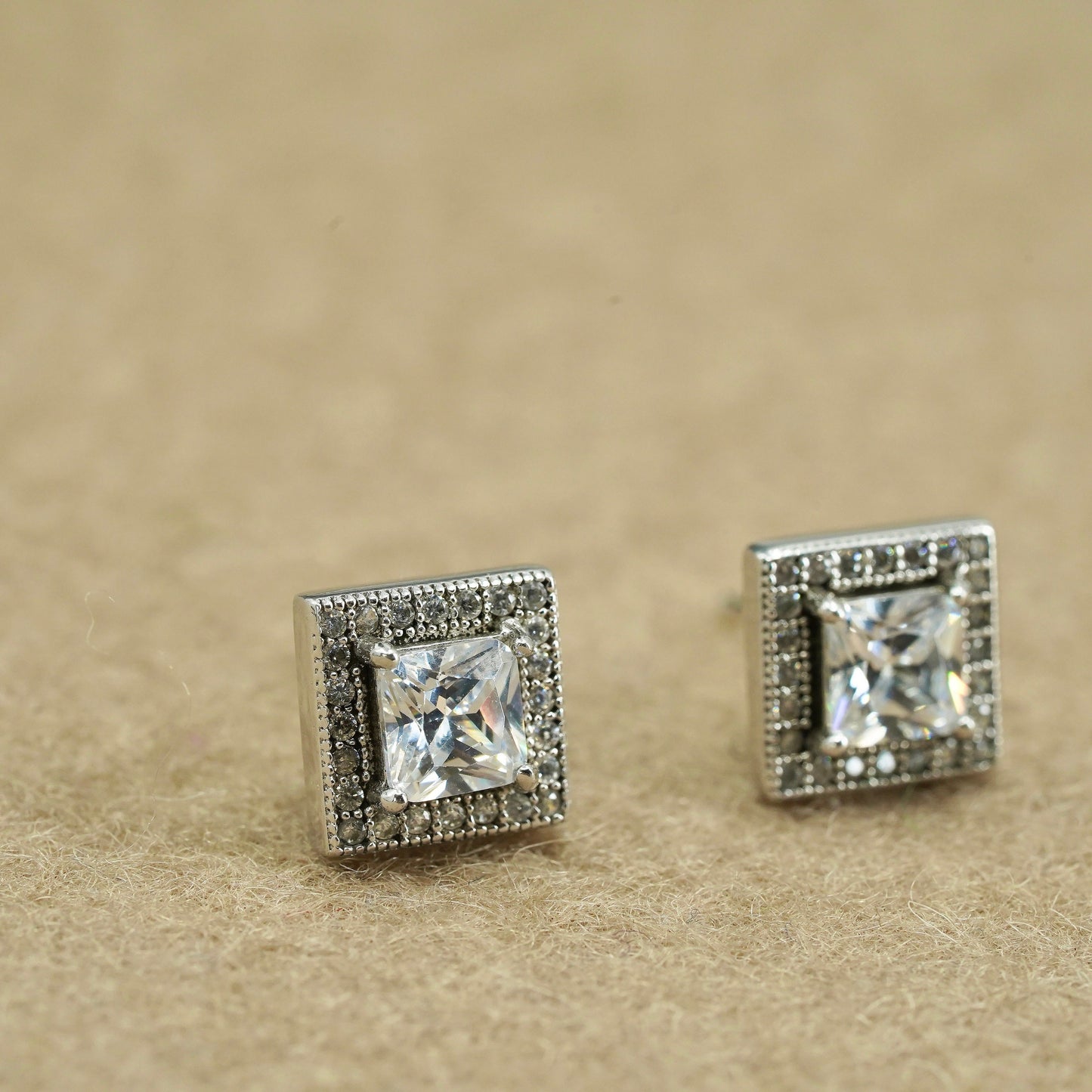 Vintage Sterling 925 silver handmade earrings, square studs with cluster Cz