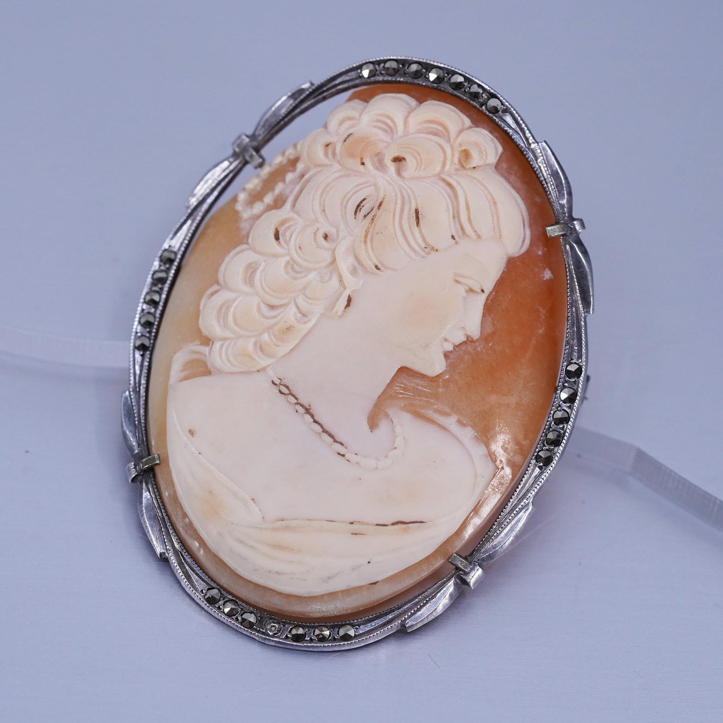 Vintage Sterling 925 silver handmade brooch pendant w/ agate carved cameo girl