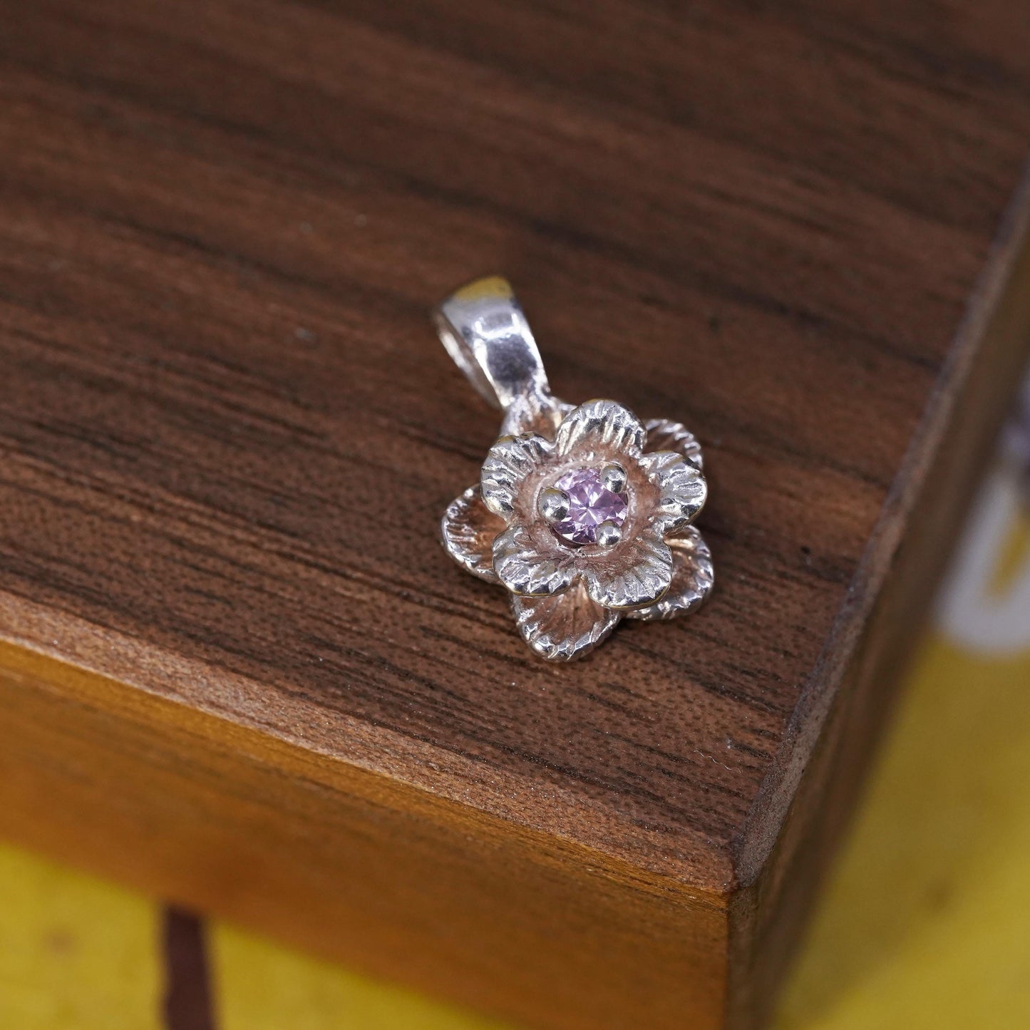 Vintage S. Fiori 925 Sterling Silver Pink CZ Flower Sliding Charm Pendant