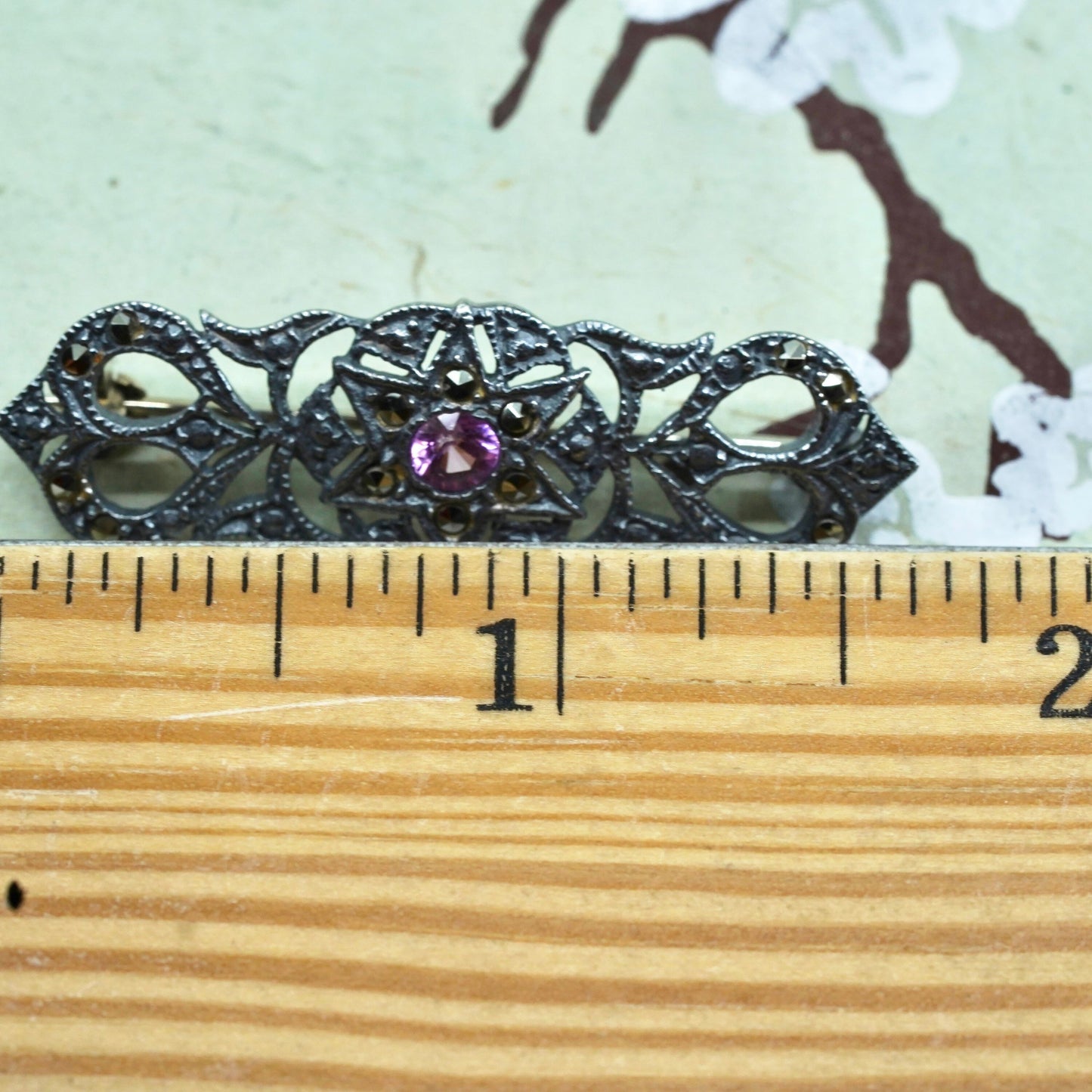 Sterling 925 silver handmade filigree brooch with pink crystal and marcasite