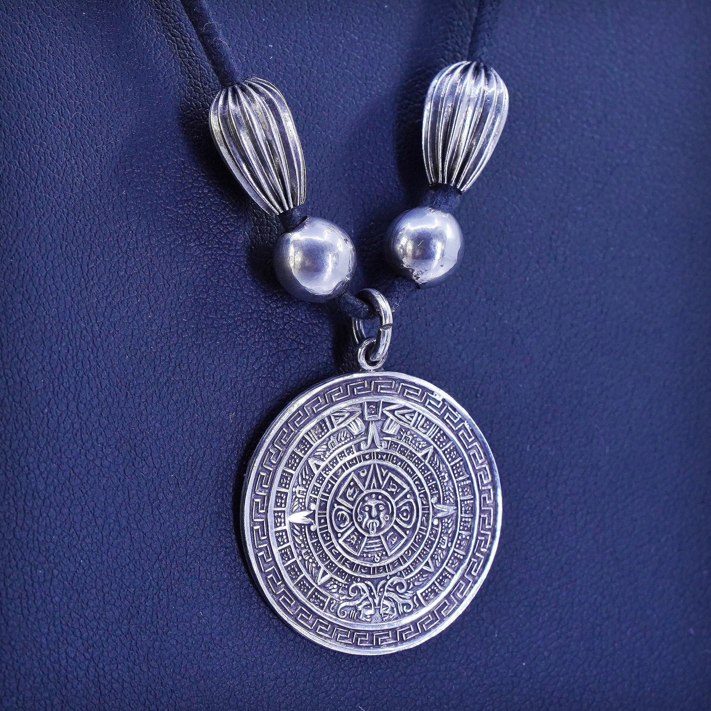 Mexican linen chain necklace with sterling 925 silver Mayan calendar pendant