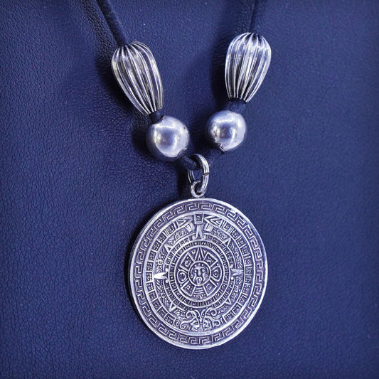 Mexican linen chain necklace with sterling 925 silver Mayan calendar pendant