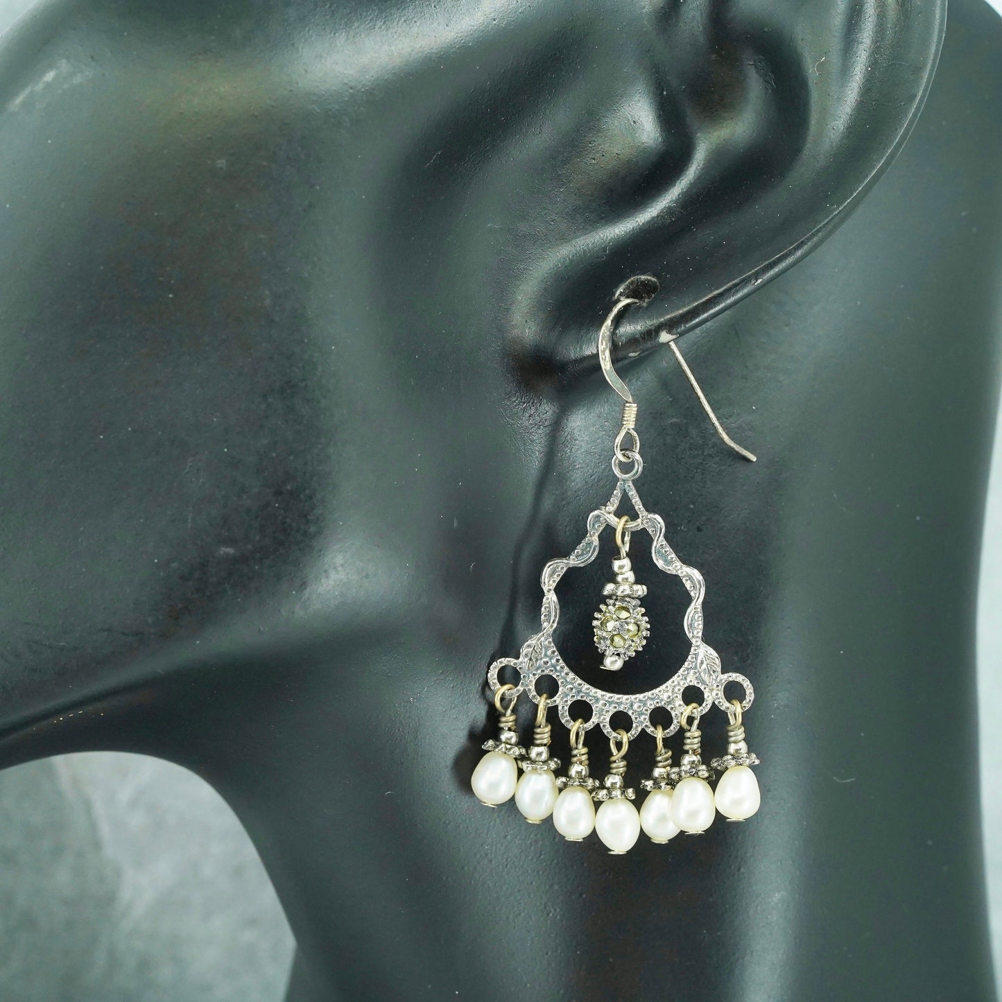 Vintage Sterling 925 silver handmade filigree earrings with cluster pearl