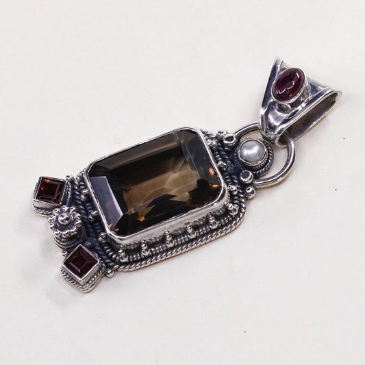 VTG sterling silver handmade pendant, 925 w/ smoky topaz and ruby, pearl