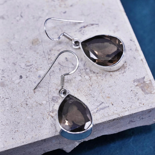 Vintage sterling 925 silver handmade earrings with teardrop smoky topaz