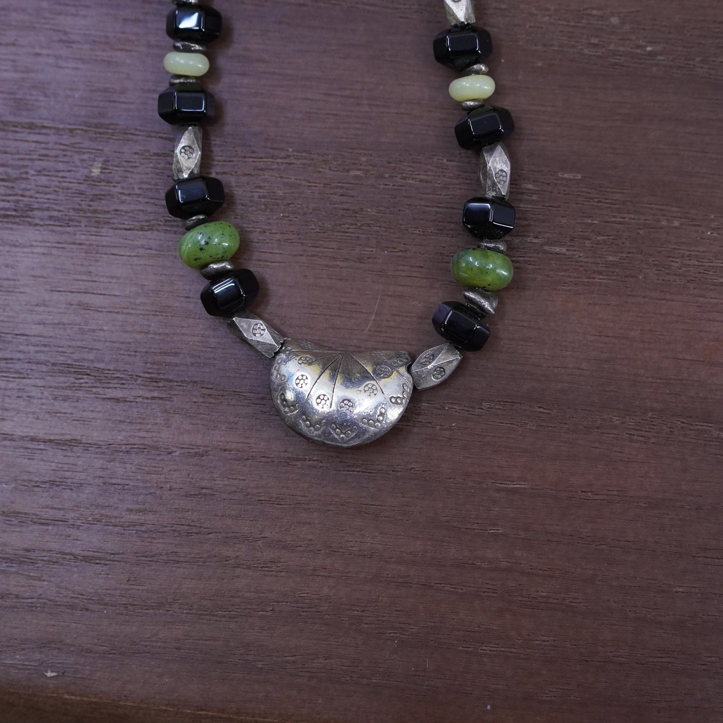 18”, vintage sterling 925 silver handmade necklace with jade obsidian beads