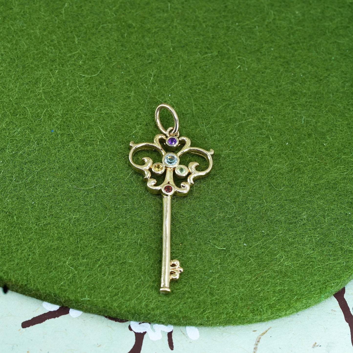 Vintage vermeil gold over sterling silver key pendant, 925 charm with cz ruby