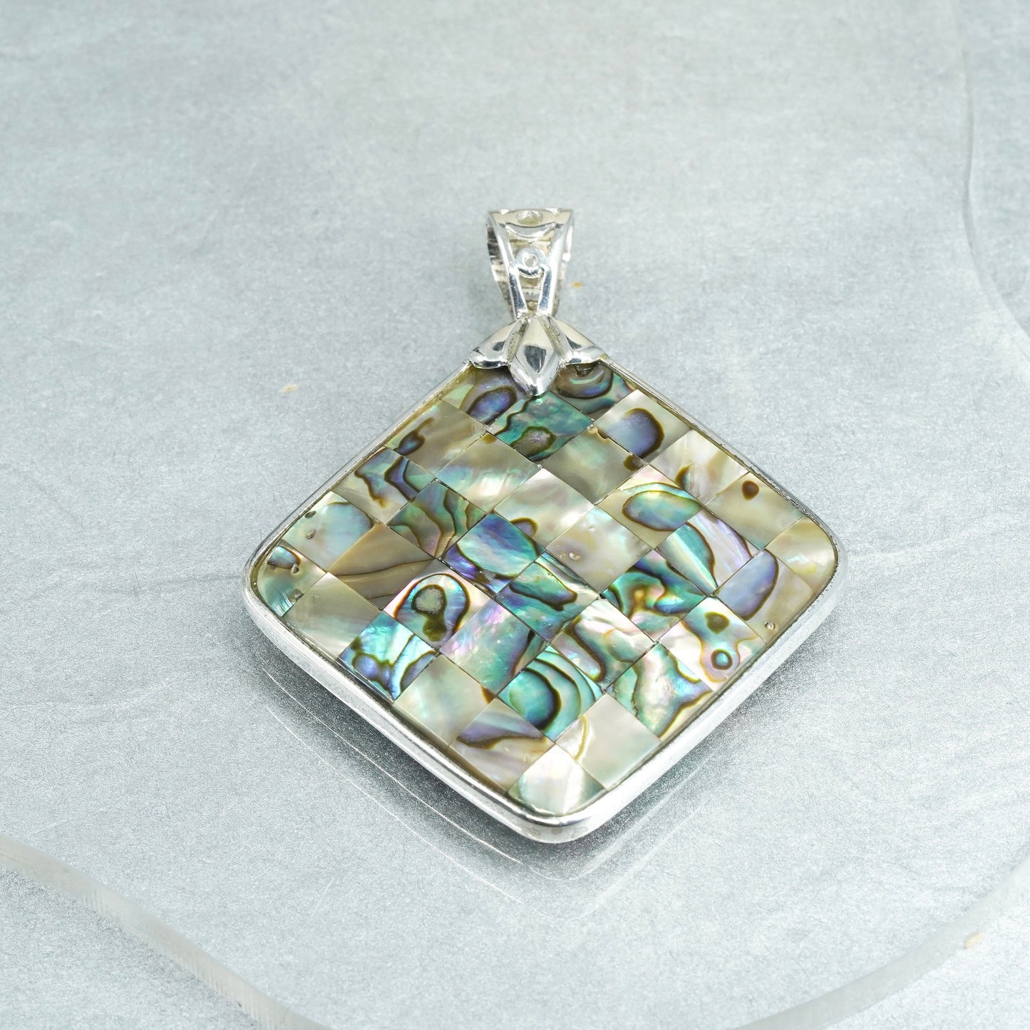vintage sterling 925 silver handmade square pendant with abalone inlay