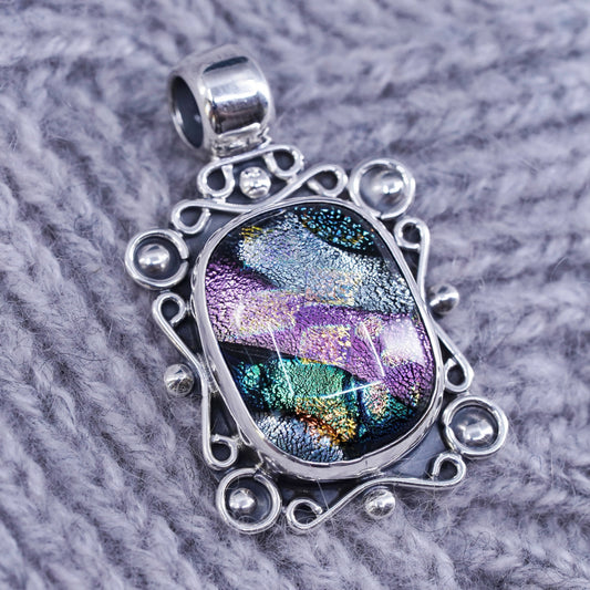 Vintage Mexican sterling 925 silver handmade pendant with dichroic glass