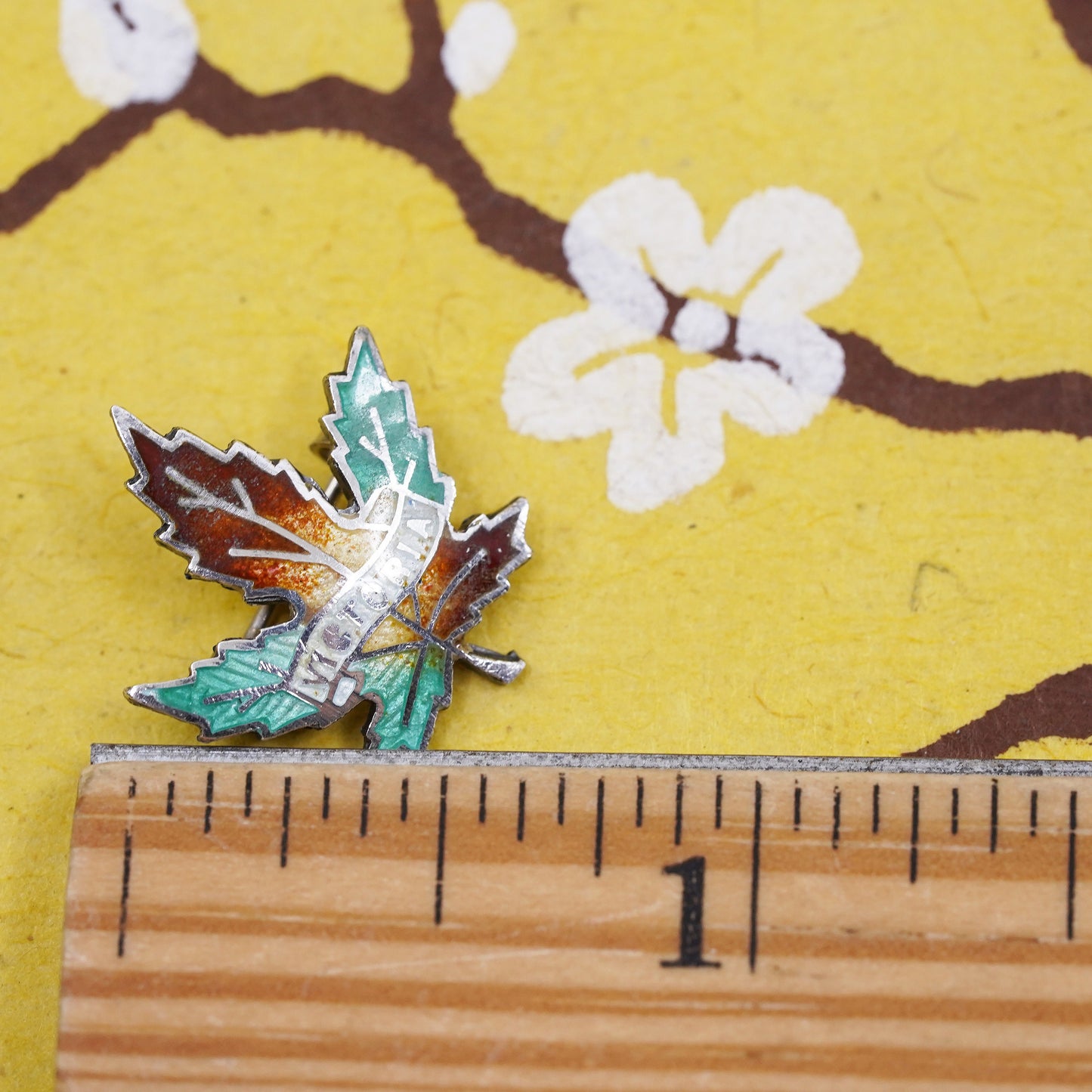 Vintage vermeil gold over sterling 925 silver enamel maple leaf brooch