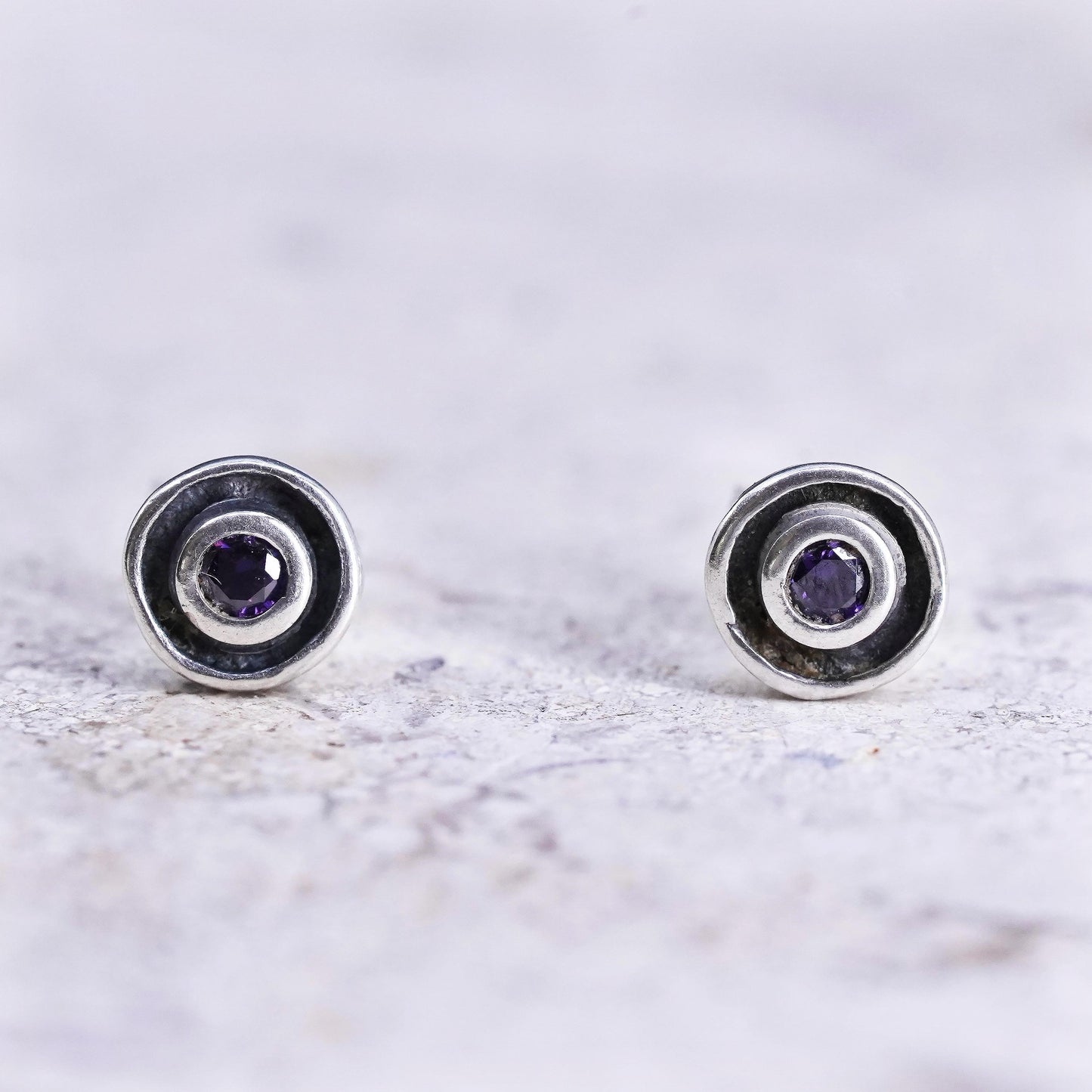 Vintage sterling silver handmade earrings, 925 studs with amethyst