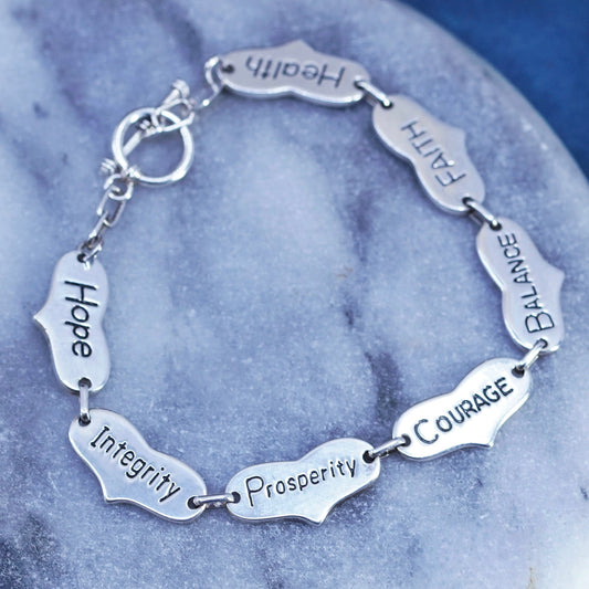 7.5”, Sterling silver bracelet, 925 heart chain embossed “love trust strength