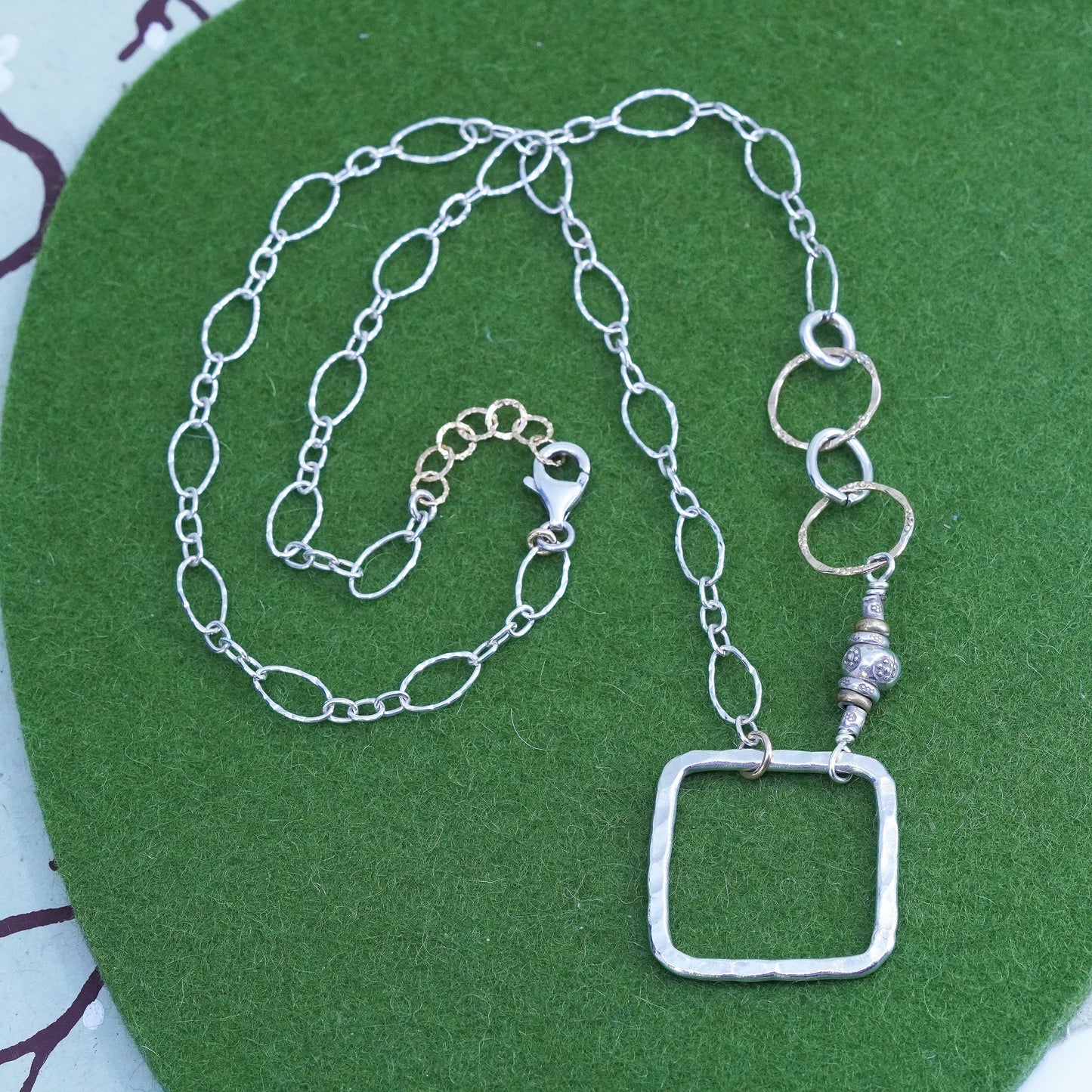 20”, Two Tone sterling silver necklace, 925 figaro chain with square Pendant