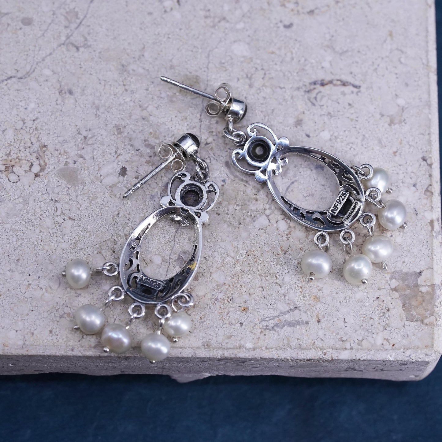 VTG Sterling silver handmade earrings, 925 filigree drops cluster pearl beads