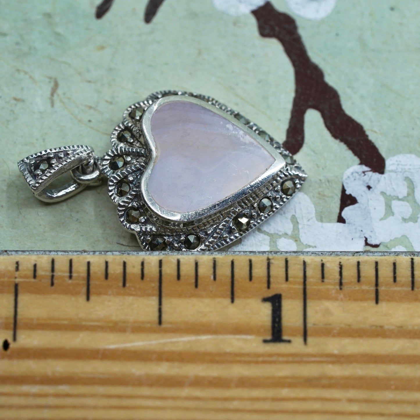 sterling 925 silver handmade heart pendant with mother of pearl and marcasites