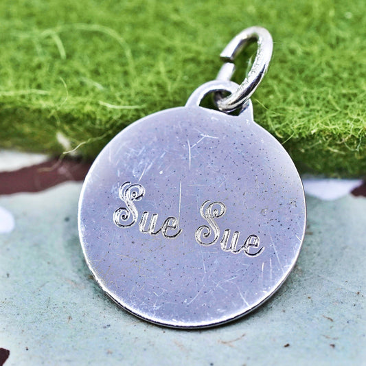 sterling silver graduation pendant, 925 silver circle charm engraved “Sue Sue”