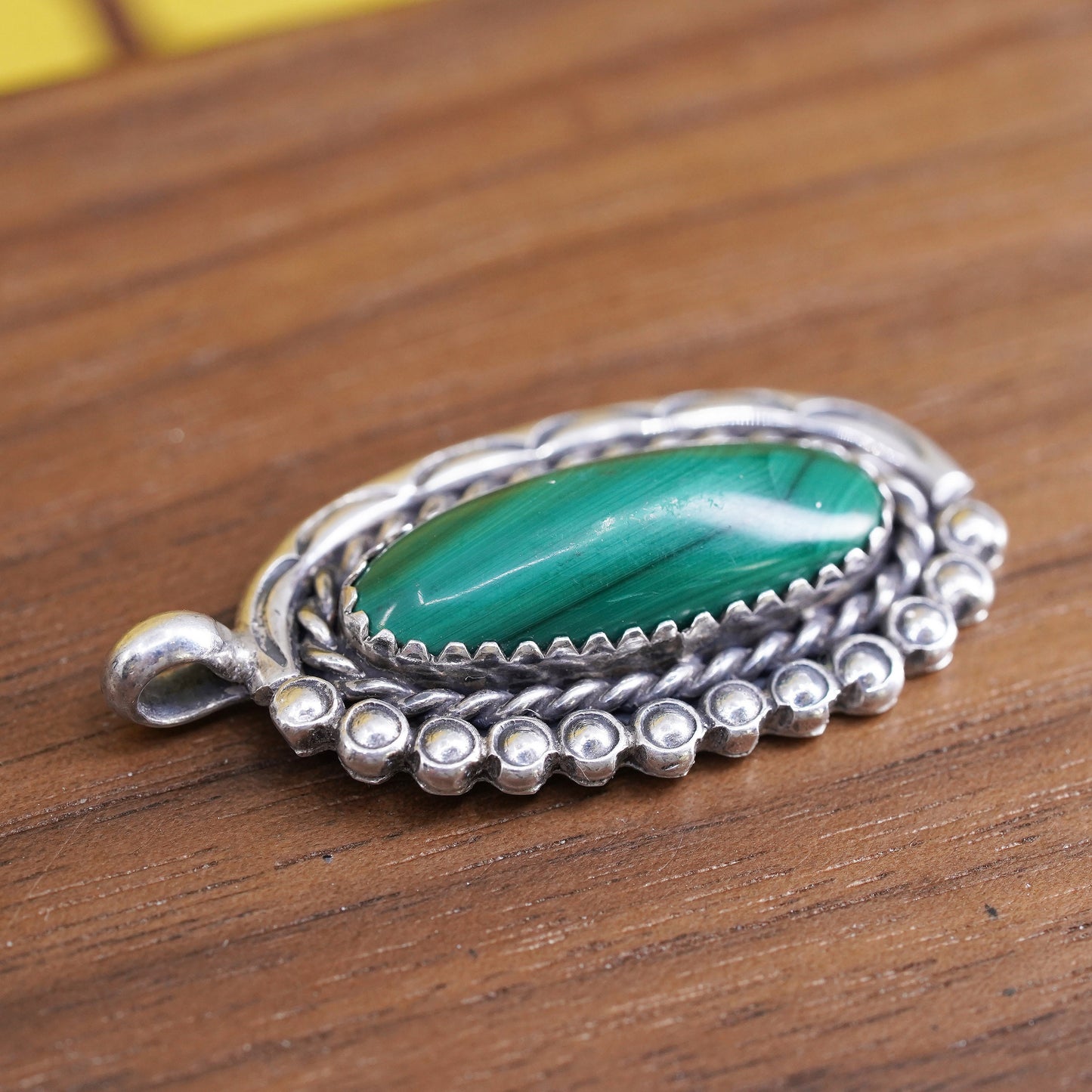 Native American Navajo Sterling 925 silver handmade pendant with malachite