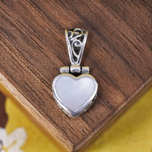 Vintage Sterling silver pendant, 925 filigree heart pendant w/ mother of pearl