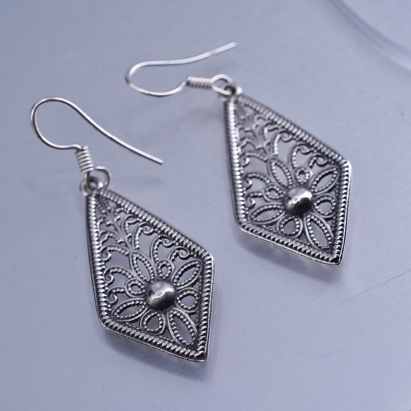 Vintage Sterling 925 silver handmade diamond shaped filigree earrings