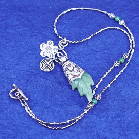 18”, Native American jewelry, Sterling 925 silver heishi bead chain jade leaf