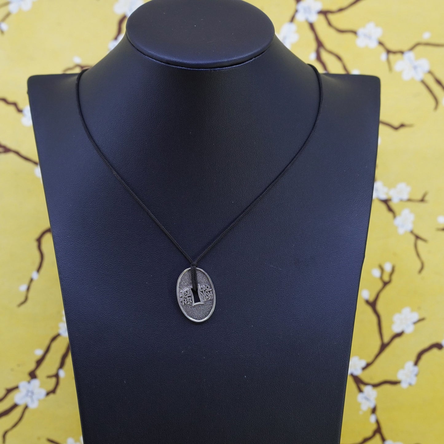 18”, Sterling silver 925 necklace, black fabric chain coin pendant “happiness