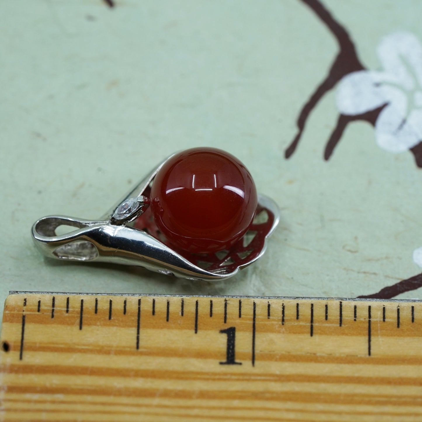 Vintage sterling silver 925 handmade teardrop pendant with carnelian and Cz