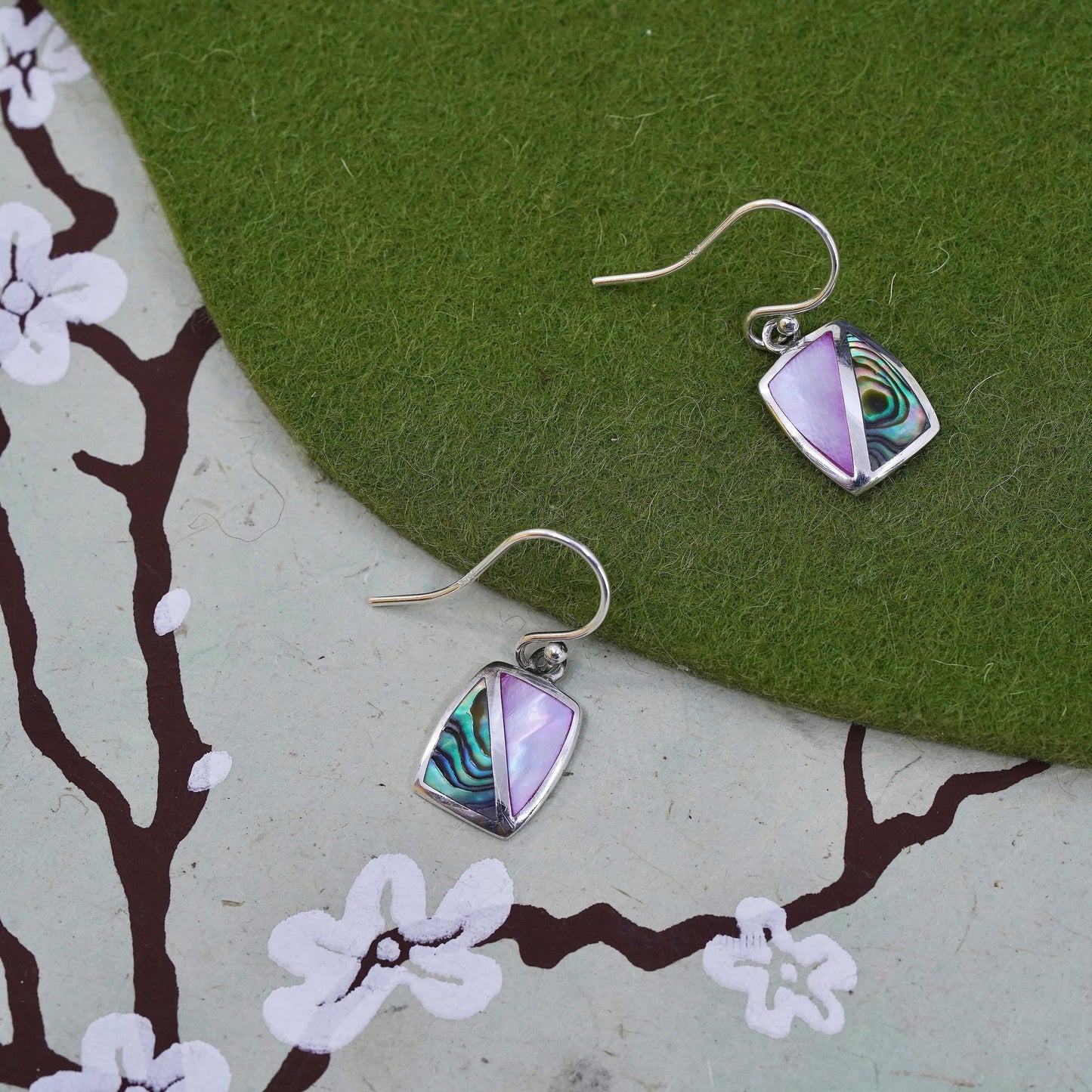 sterling silver earrings, 925 regtangular with abalone and pink mother of pearl