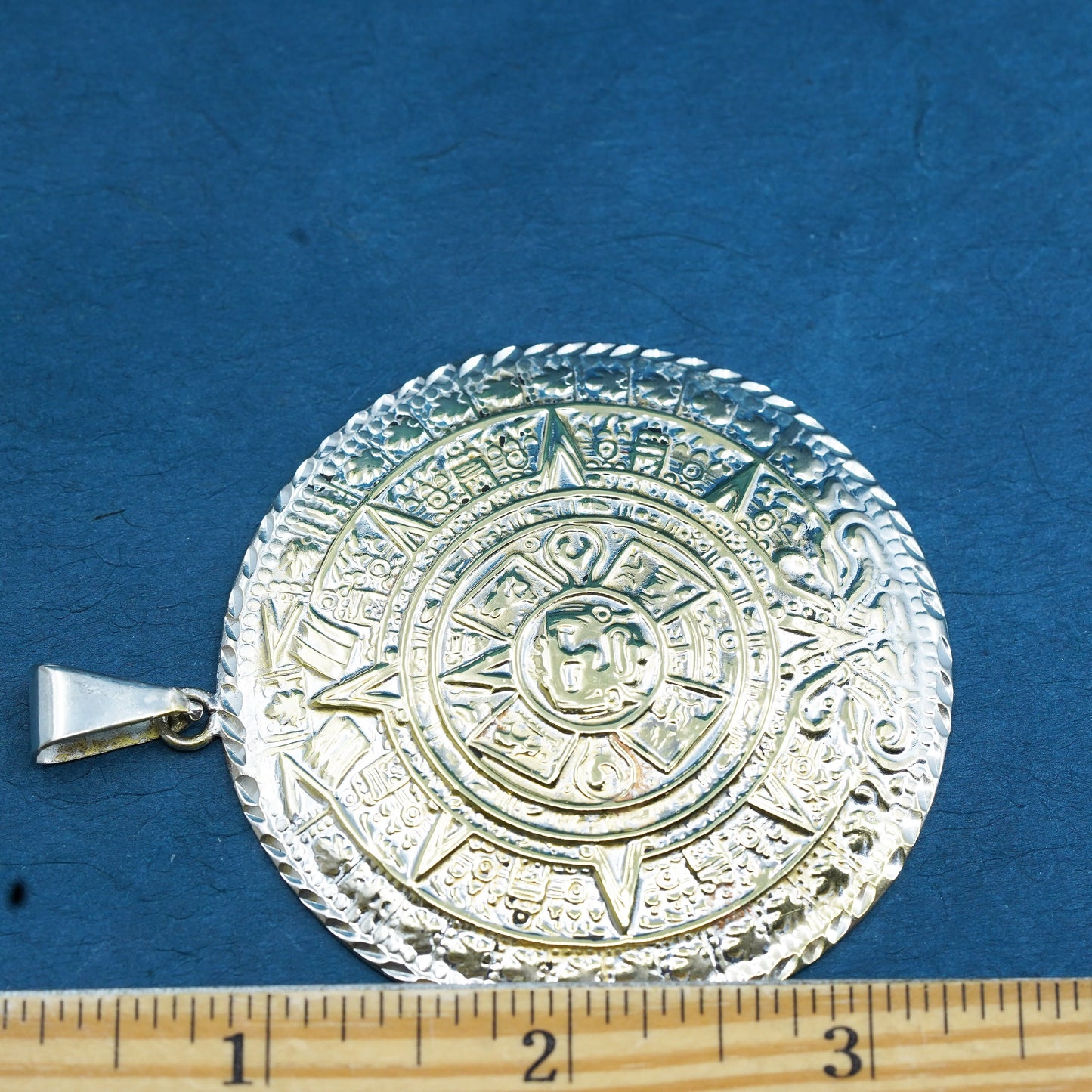 Vintage two tone Sterling silver handmade Pendant, huge 925 Mayan calendar