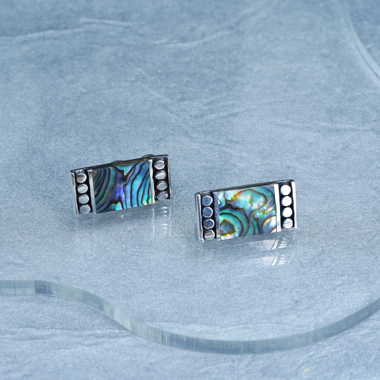 Vintage Sterling 925 silver handmade earrings, rectangular clip on with abalone