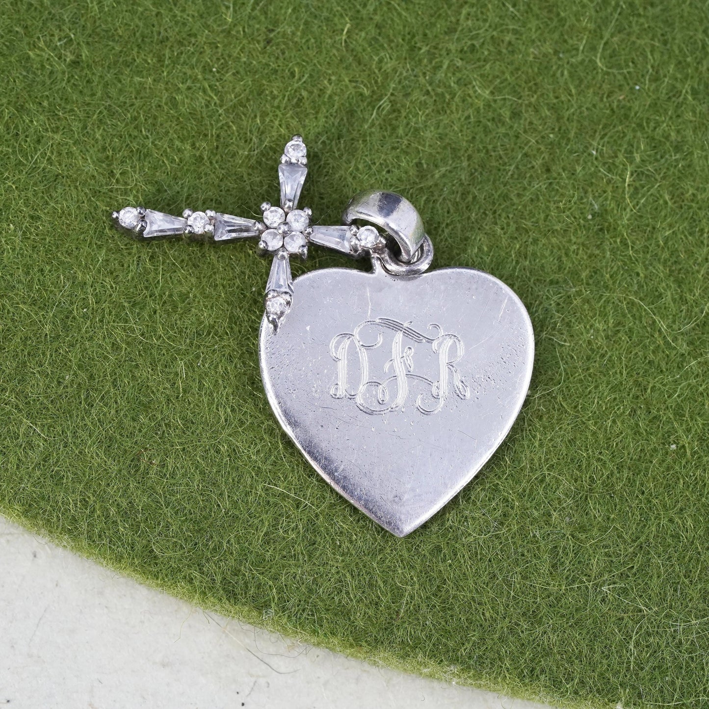 Vintage handmade Sterling silver pendant, 925 cz cross heart tag monogram “DRF”