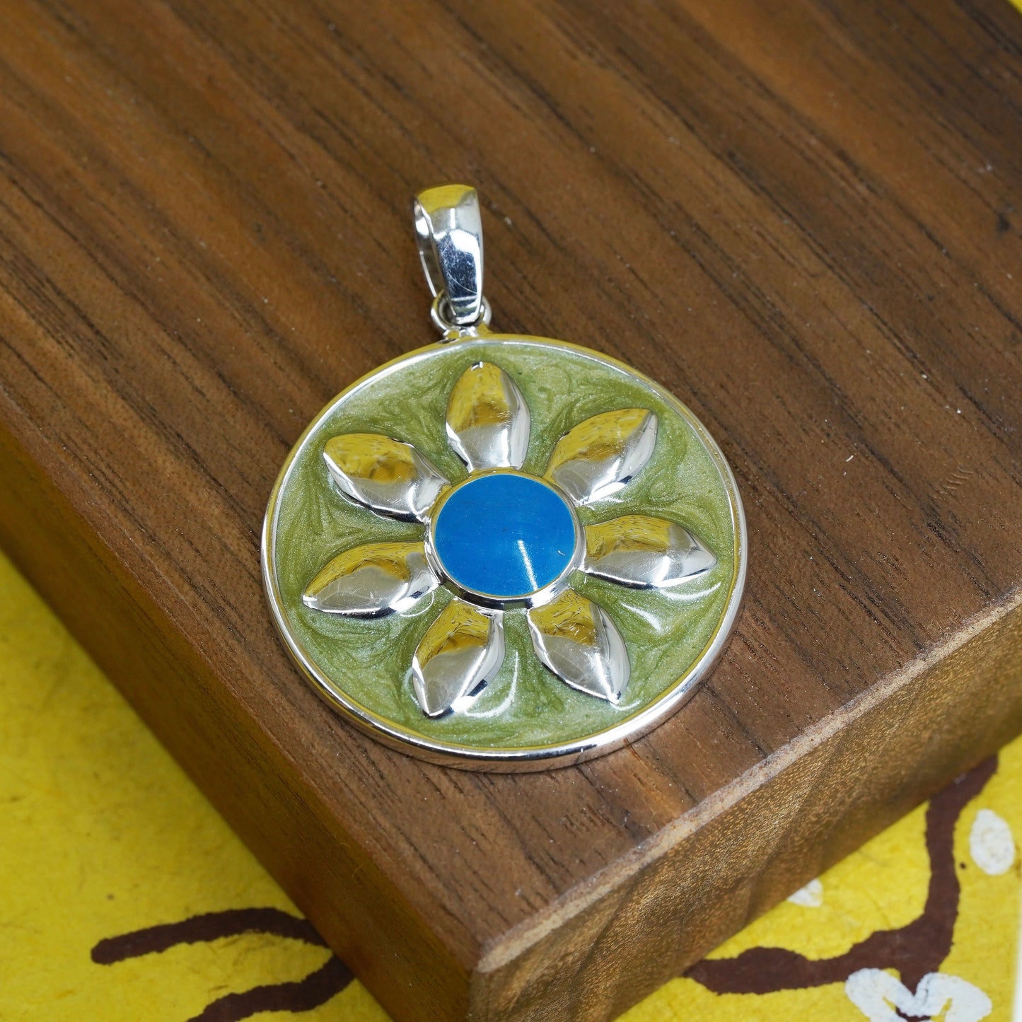 Vintage Sterling silver flower pendant, 925 circle charm with enamel turquoise