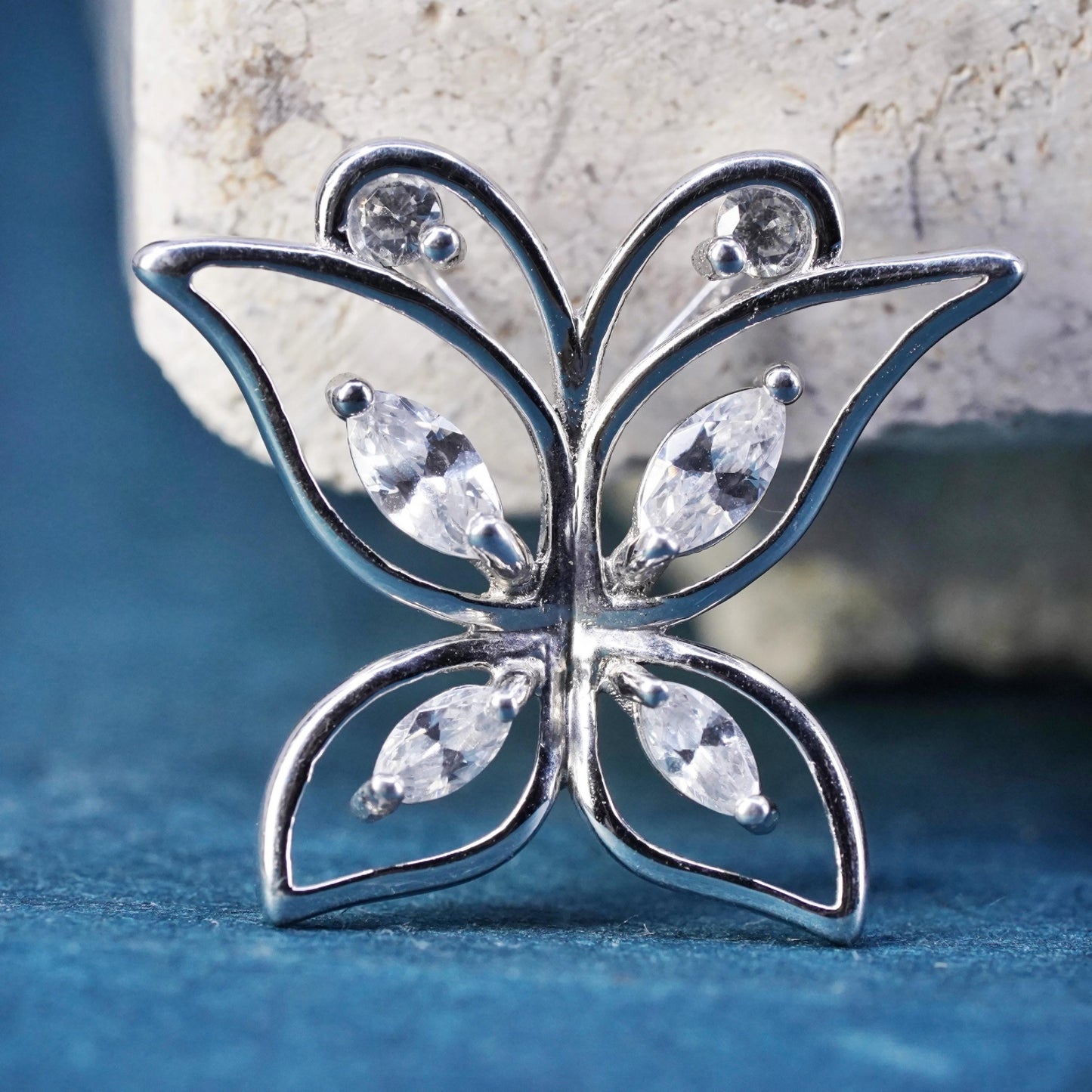 Vintage Sterling 925 silver handmade butterfly pendant, with cluster cz