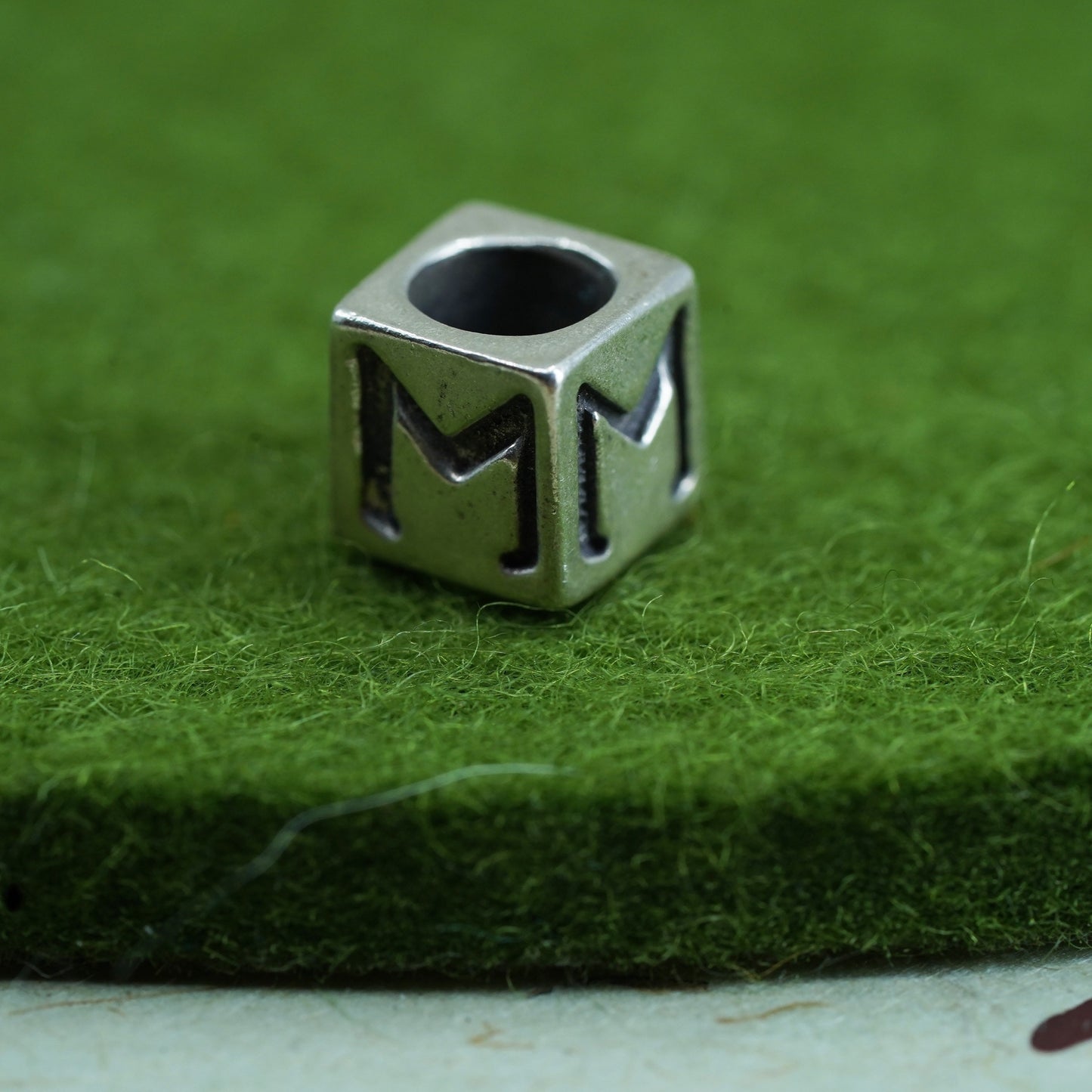 Vintage sterling silver handmade pendant, 925 cube charm engraved letter “M"