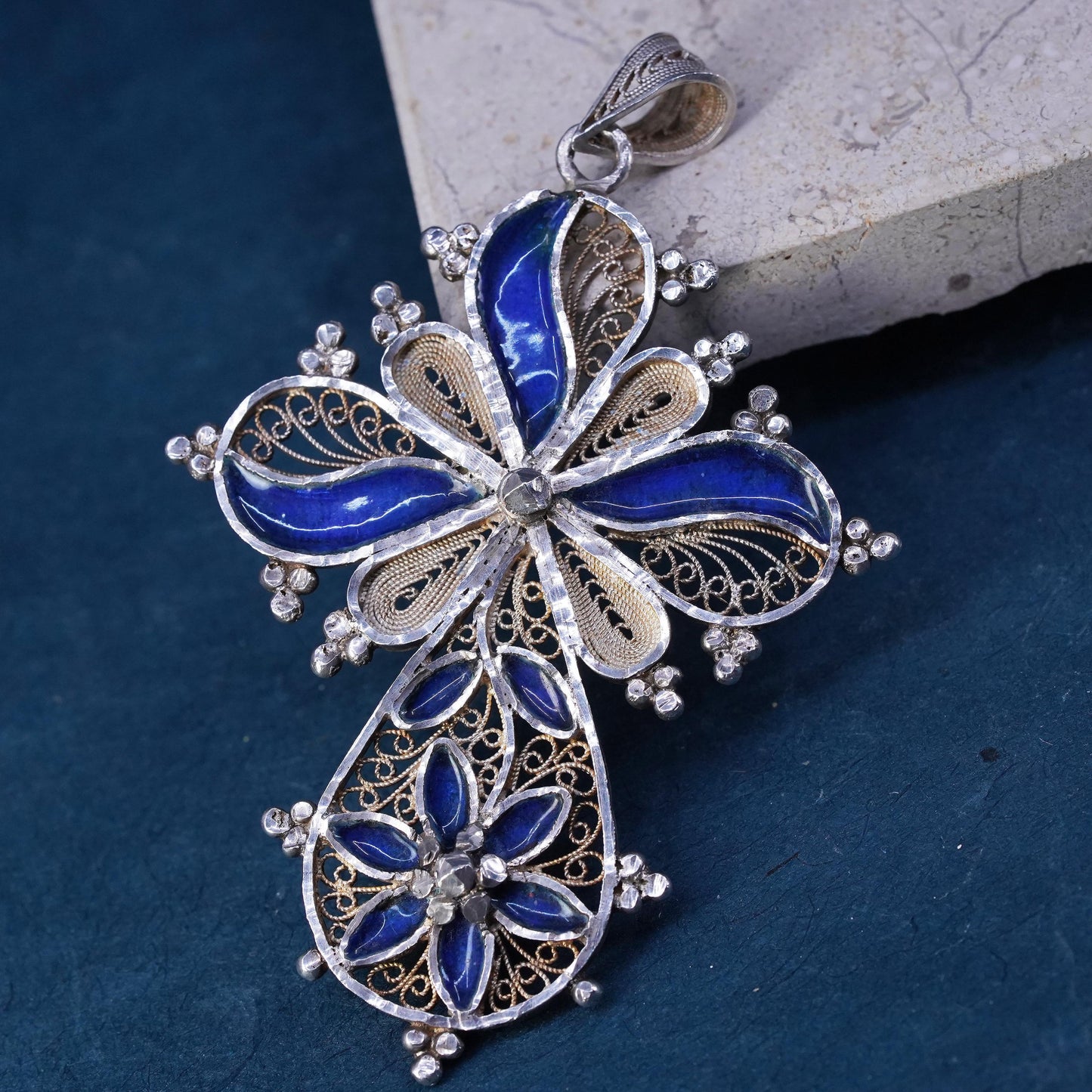 Vintage Sterling silver handmade pendant, huge 925 filigree cross blue enamel