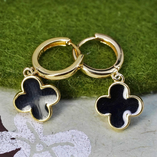 Vermeil gold sterling silver earrings, 925 hoops, huggie black enamel flower