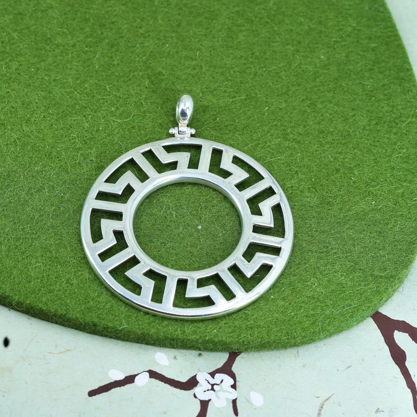 Vintage sterling silver handmade pendant, huge 925 Greek key circle