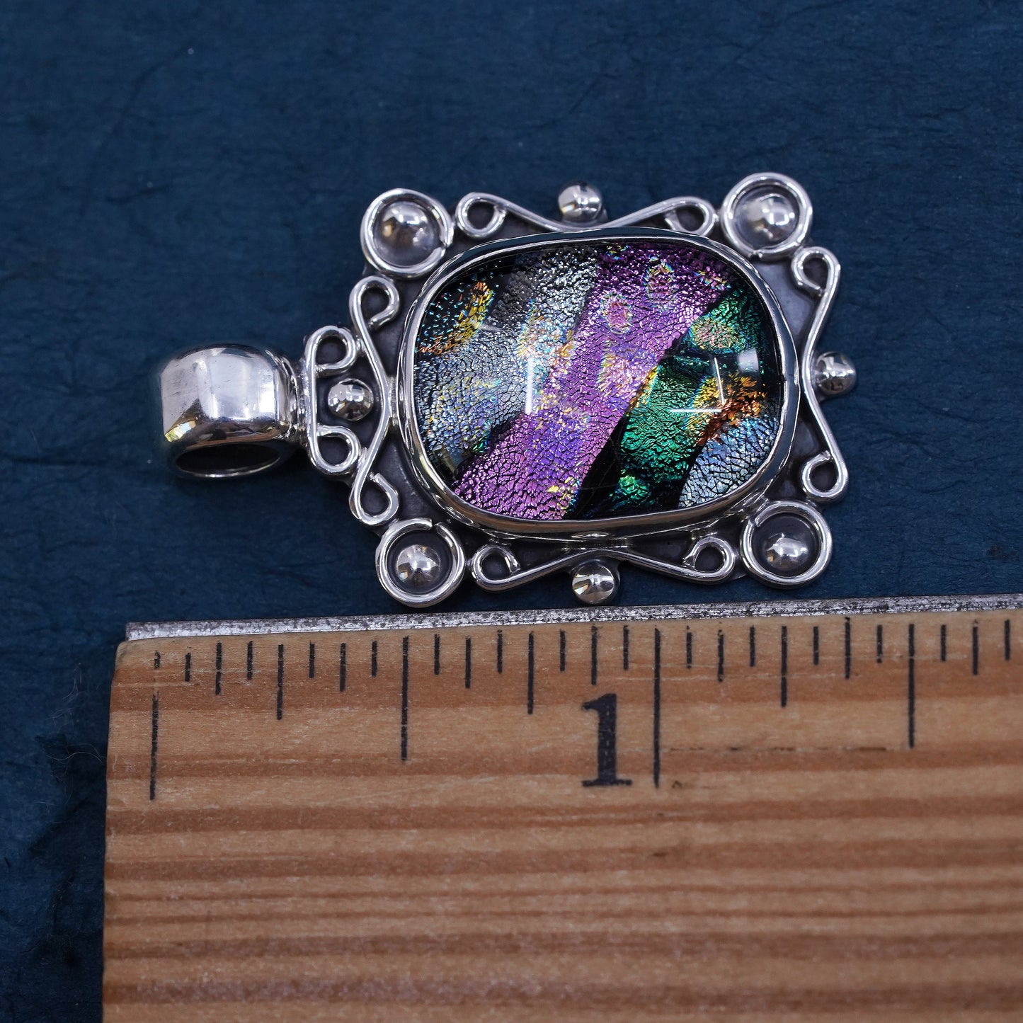 Vintage Mexican sterling 925 silver handmade pendant with dichroic glass