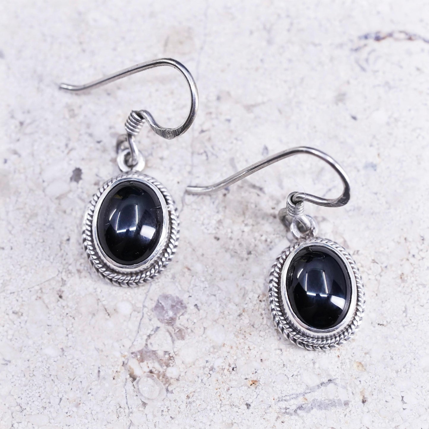 Vintage Sterling 925 Silver Handmade Earrings with oval onyx and cable around