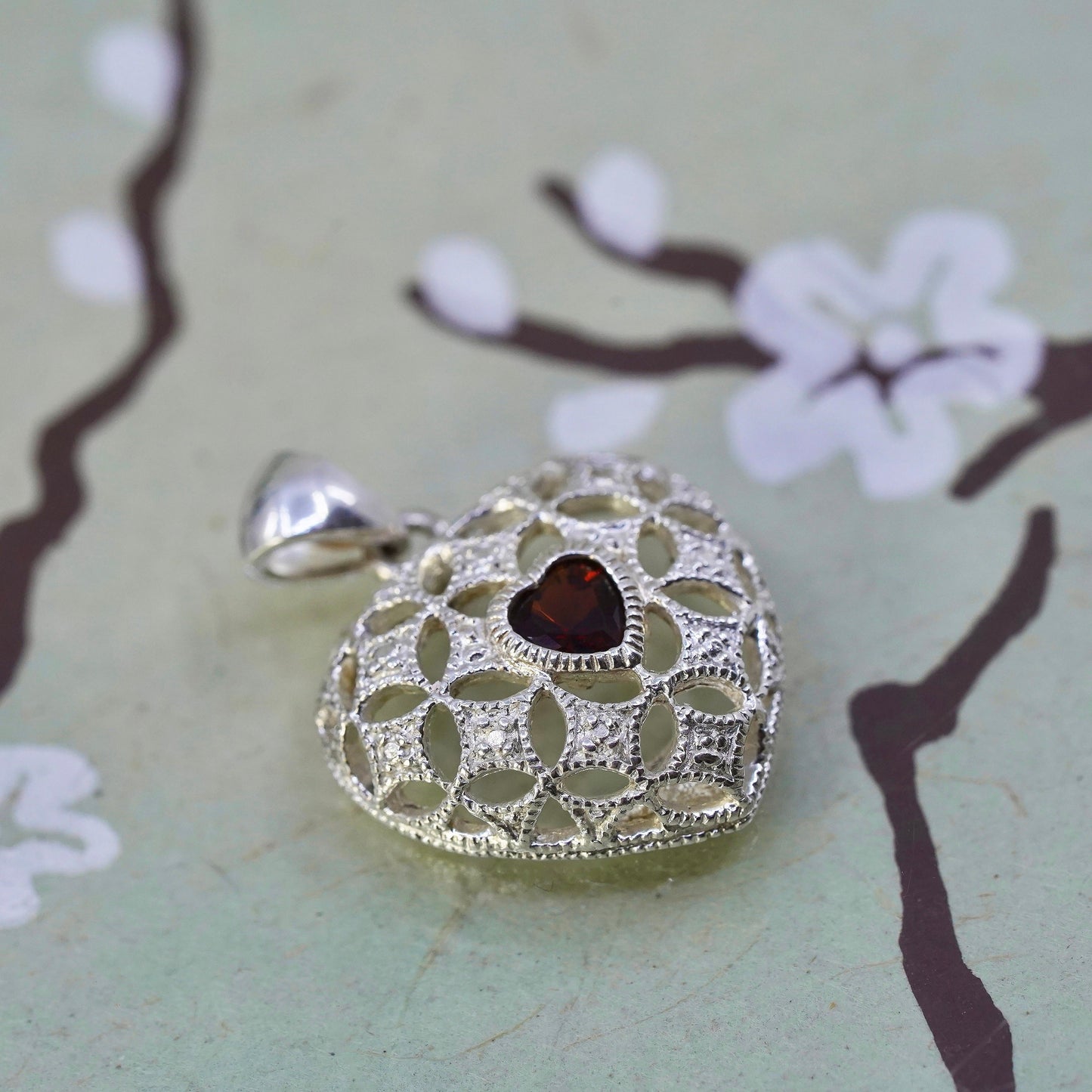 vintage sterling silver handmade pendant, 925 filigree heart charm with garnet