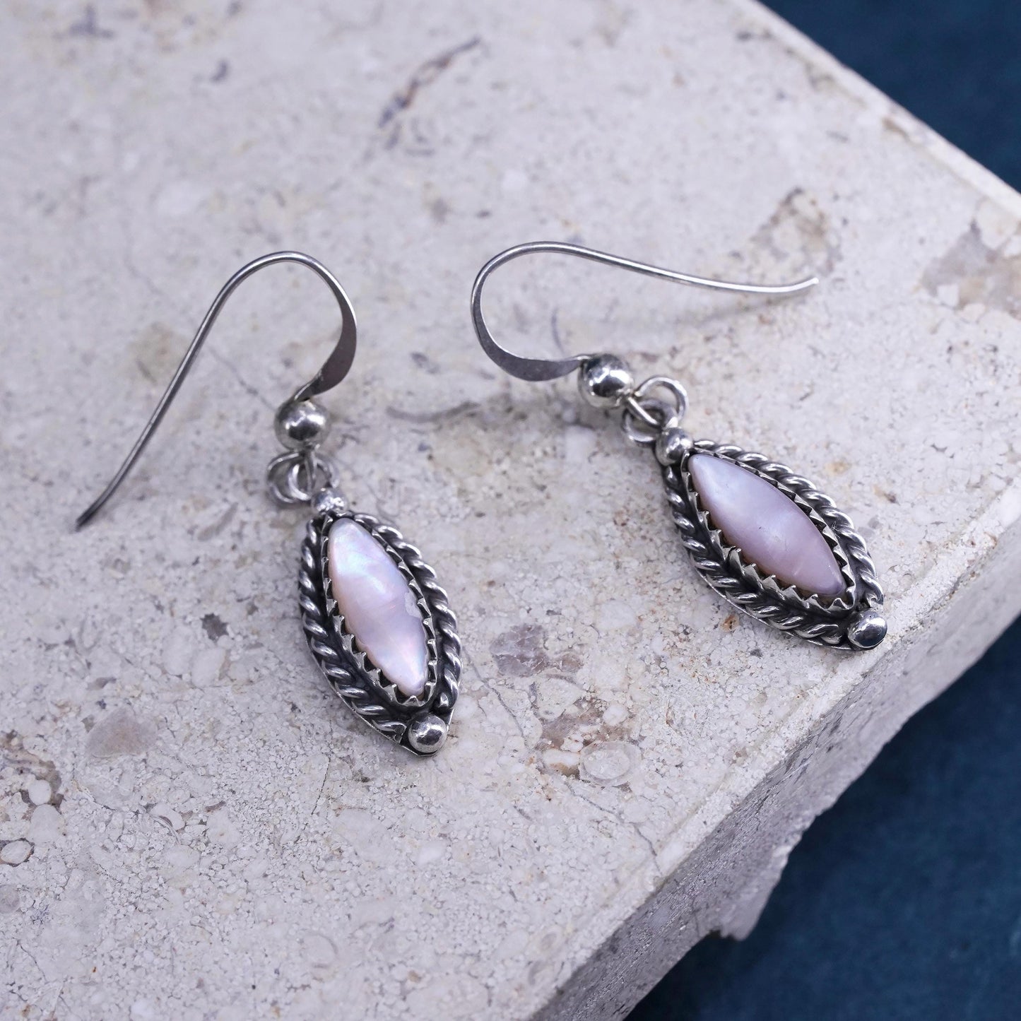 Vintage sterling silver handmade earrings, 925 dangles w/ pink mother of pearl