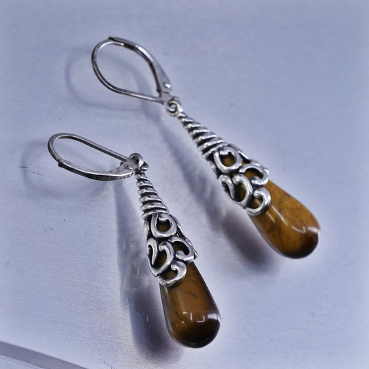 Vintage Sterling 925 silver handmade earrings with teardrop golden tiger eye