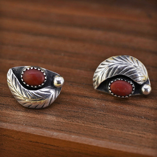 Vintage Native American Sterling Silver Earrings, 925 studs with coral feather