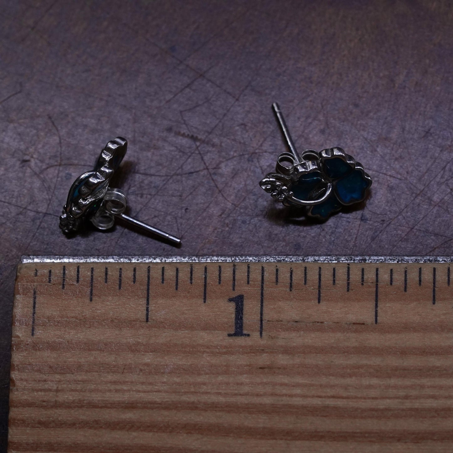 Vintage Hawaiian sterling silver earrings, 925 hibiscus flower studs with opal