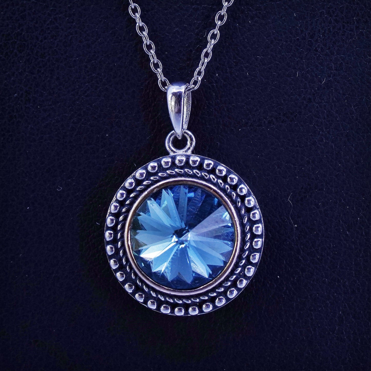 18+2”, Sterling 925 silver circle chain necklace with blue crystal pendant