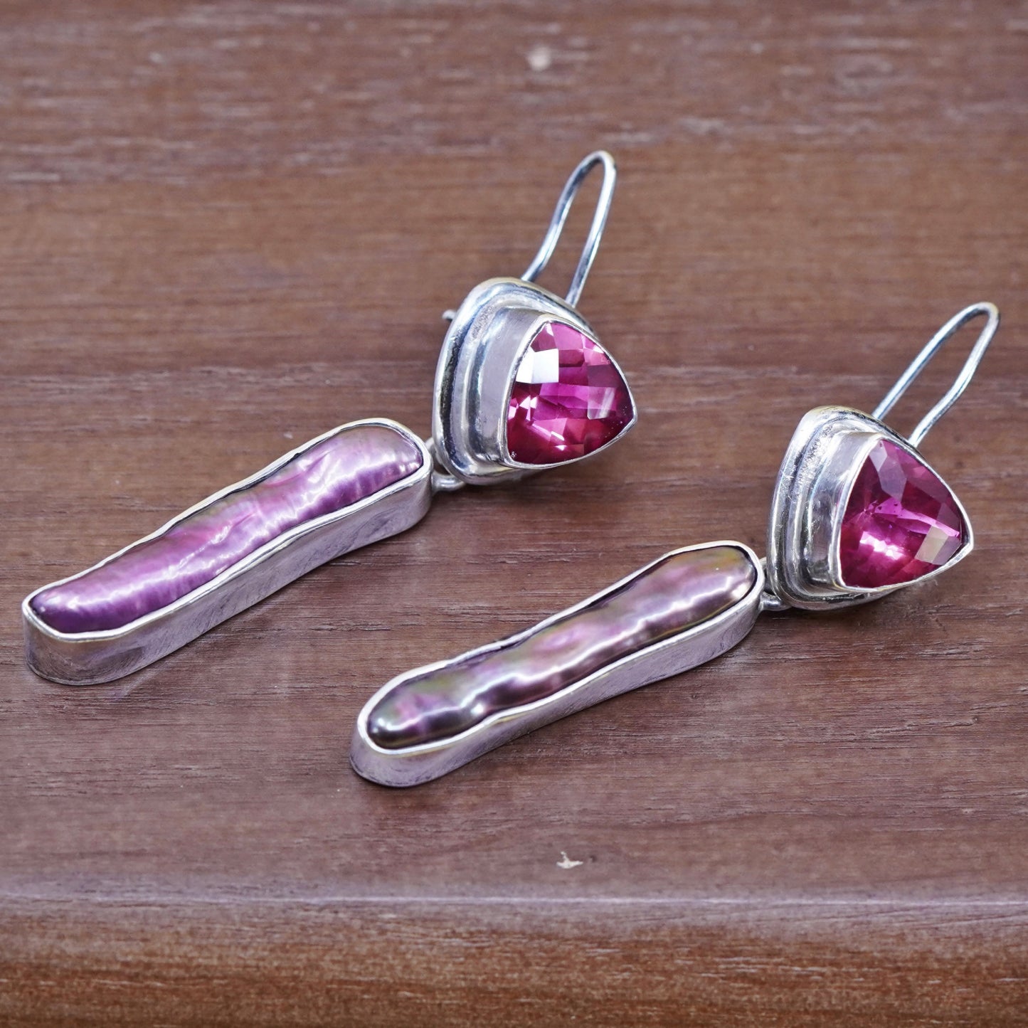 Amy Kahn Russell AKR Sterling 925 silver earrings pink crystal and long pearl