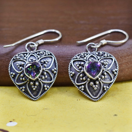 vtg Sterling silver handmade earrings, 925 filigree heart dangles rainbow topaz