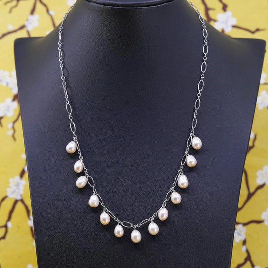 16+2", Sterling 925 silver handmade oval chain necklace with cluster pearls