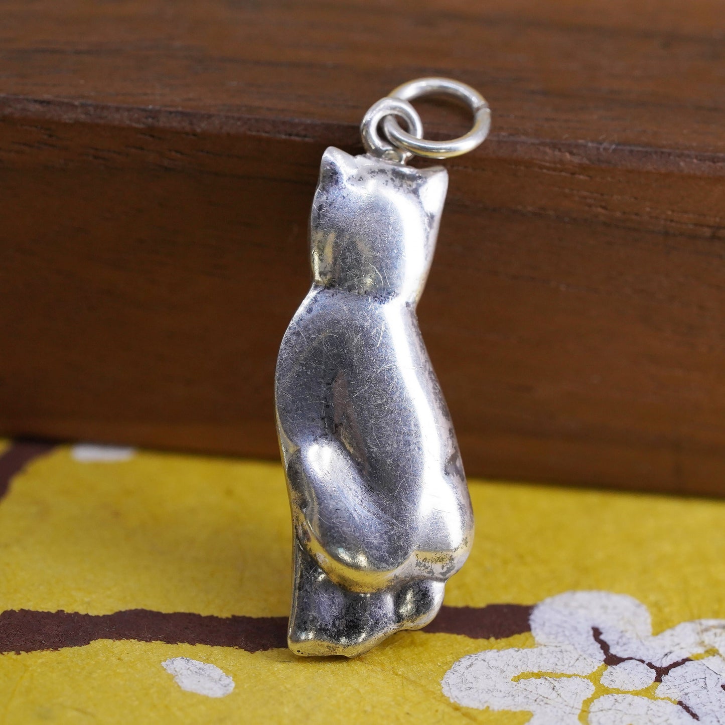 Vintage Sterling silver handmade pendant, 925 puffy cat, kitty charm