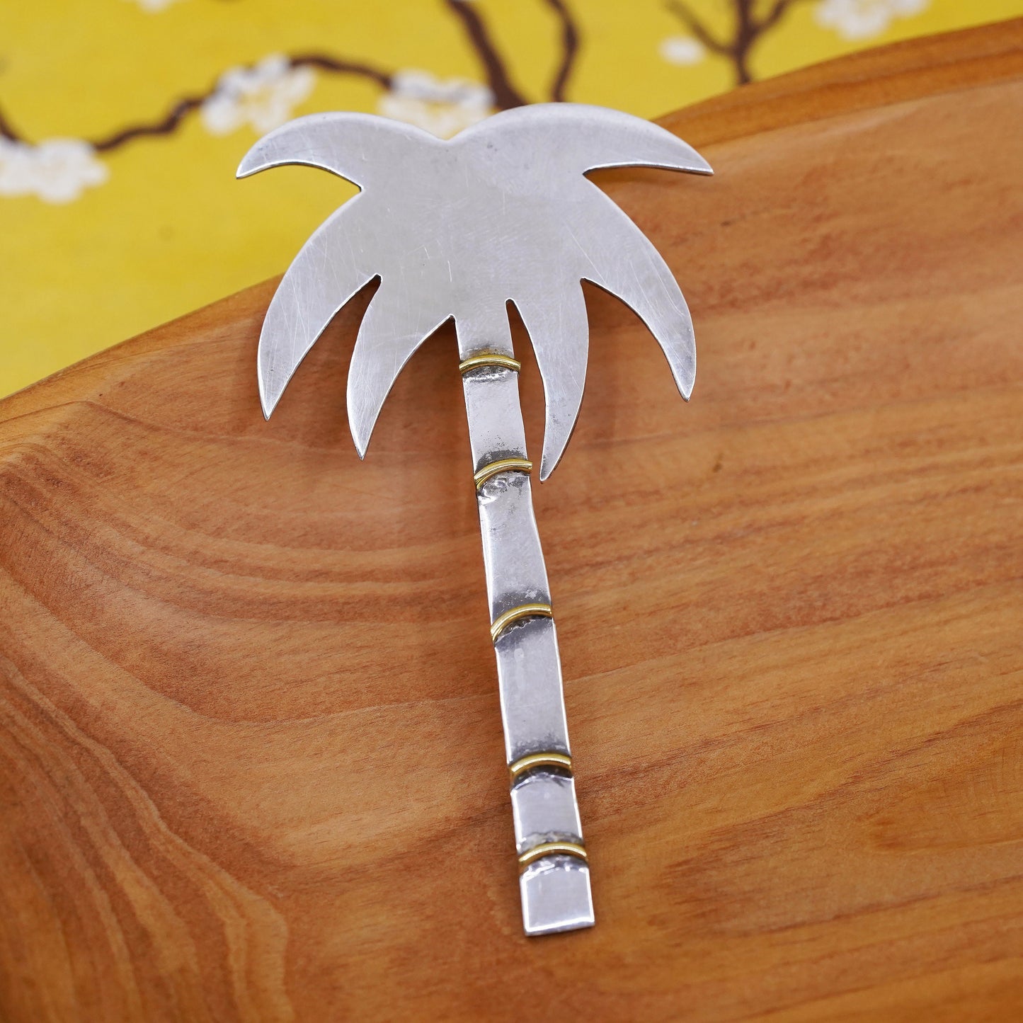 Vintage handmade two tone sterling 925 silver palm tree pendant brooch