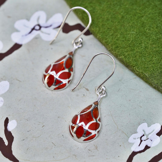 Vintage sterling 925 silver handmade teardrop earrings with red resin inlay